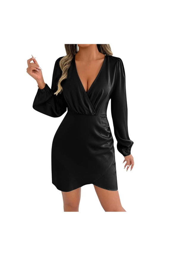 Women's V Neck Satin Dress Long Sleeve Slip Midaxi Elegant Knee Length Skirts Party Wedding Guest Black