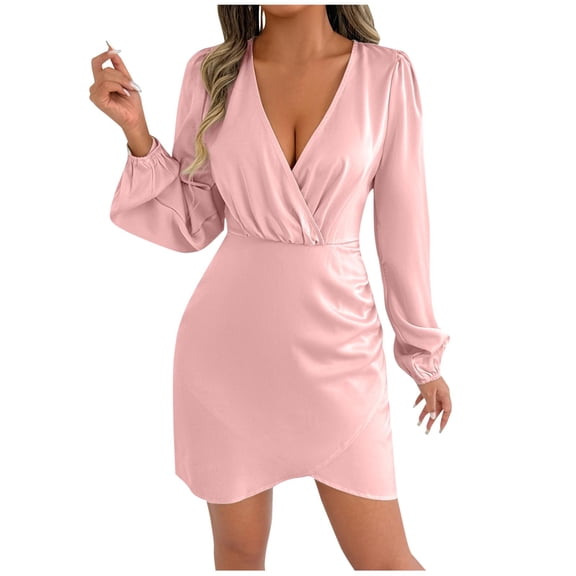 ZQUUVOU Women's V Neck Satin Dress Long Sleeve Slip Midaxi Elegant Knee Length Skirts Party Wedding Guest Pink