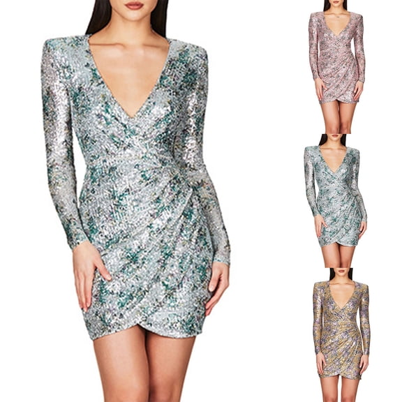 ZQUUVOU Women's V Neck Sequin Dress Long Sleeve Bodycon Glittering Cocktail Party Mini Dress Going Out Sparkly Dresses Silver