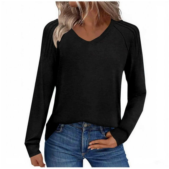 ZQUUVOU Women's V Neck Shirts Long Sleeve Casual Fall Lightweight Tunic Tops Sweaters Clothes Loose Blouses Black B