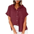thumbnail image 1 of ZQUUVOU Women's V Neck Short Sleeve Hoodies Summer Spring Linen Button Pocket Hooded Casual Breathable Tops Burgundy, 1 of 6