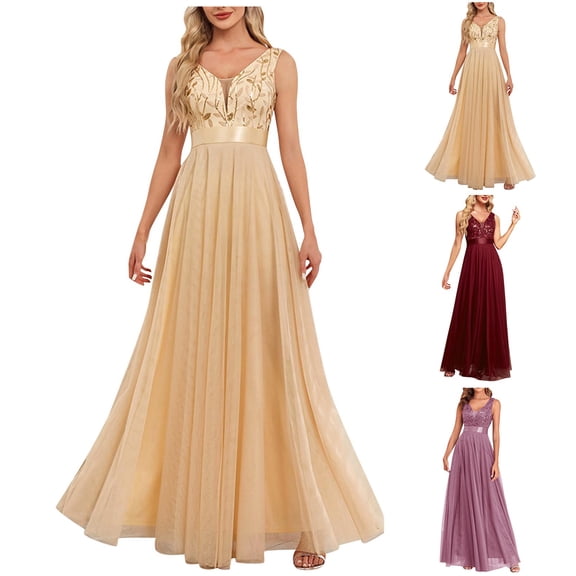 ZQUUVOU Women's V Neck Sleeveless Gown V Neck Elastic Waist Embroidered Tulle Maxi Formal Dress Gala Cocktail Dresses Burgundy