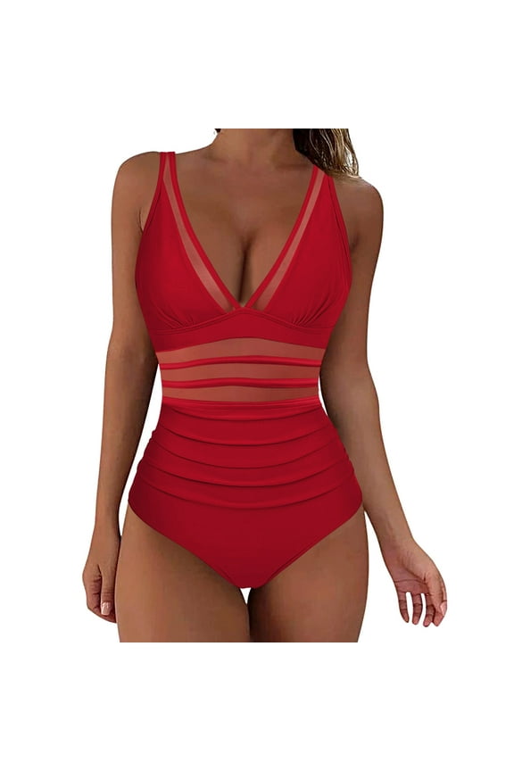 Women's V Neck Swimsuit Mesh Solid Color One Piece Swimsuit with Built in Bra High Cut Beach Pool Bathing Suit Red