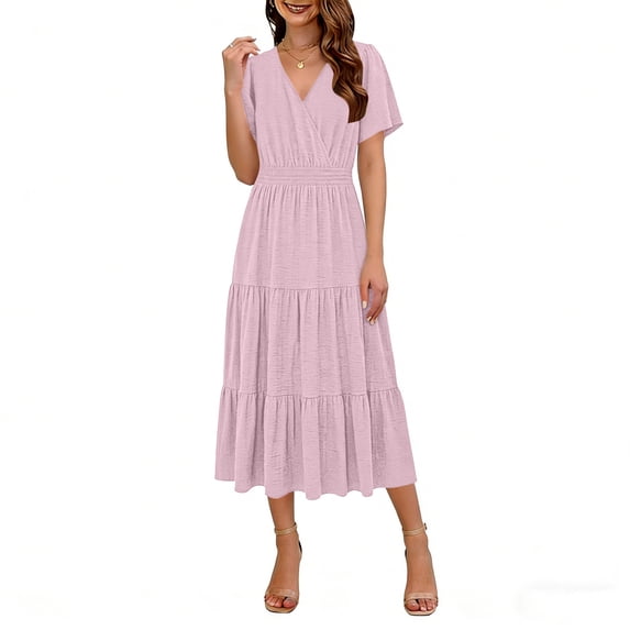 ZQUUVOU Women's V Neck Tiered Midi Dress Short Sleeve Elastic Waist Ruffle Hem Casual Flowy Sundress Summer Beach Outfits Pink