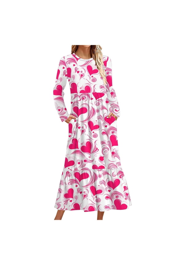 Women's Valentine's Day Dress Printed Long Sleeve Round-Neck Maxi Dress B-Pink,S