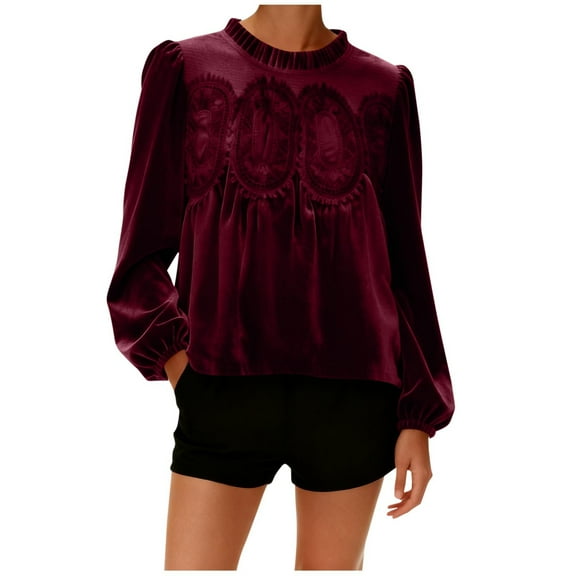ZQUUVOU Women's Velvet Blouse Solid Color Lace Trim Long Sleeves Round Neck Elegant Fall Casual Tops Shirts Burgundy