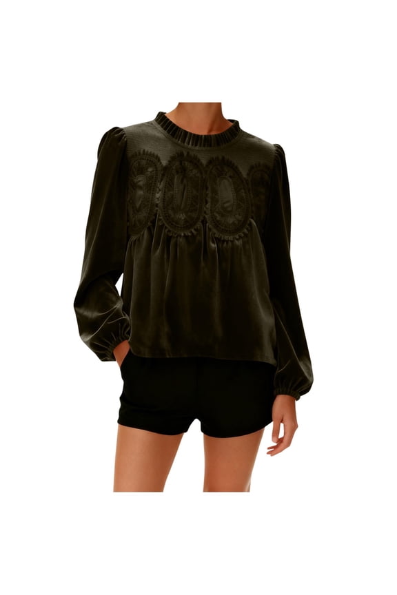 Women's Velvet Blouse Solid Color Lace Trim Long Sleeves Round Neck Elegant Fall Casual Tops Shirts Olive Green