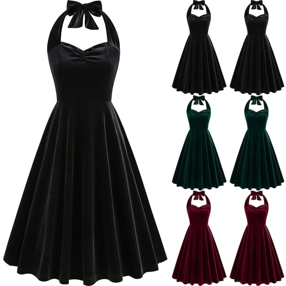 ZQUUVOU Women's Velvet Cocktail Gown Halter Neck Sleeveless Knee High Vintage Rockabilly Dresses Prom Party Midi Dress Green