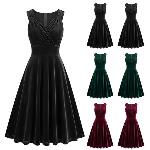 ZQUUVOU Women's Velvet Cocktail Gown Halter Neck Sleeveless Knee High Vintage Rockabilly Dresses Prom Party Midi Dress Green