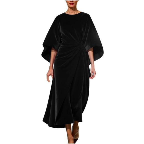 ZQUUVOU Women's Velvet Gown Maxi Dress Round Neck Calf Length Cocktail Party Evening Wedding Guest Formal Dresses Black