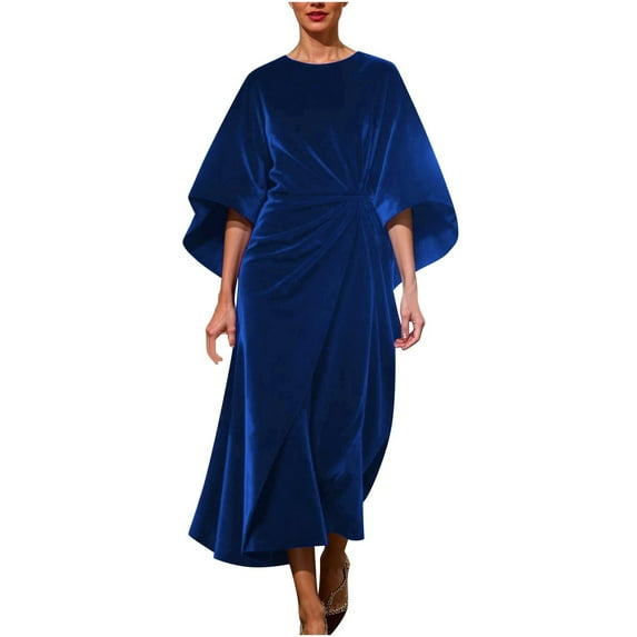 ZQUUVOU Women's Velvet Gown Maxi Dress Round Neck Calf Length Cocktail Party Evening Wedding Guest Formal Dresses Blue
