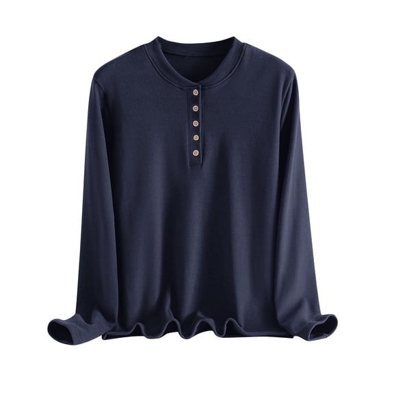 ZQUUVOU Women's Velvet Henley Tops Plus Size Long Sleeve Mock Neck Button Placket Slim Flattering Base Layer Navy