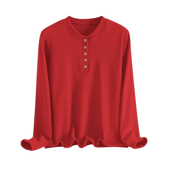 ZQUUVOU Women's Velvet Henley Tops Plus Size Long Sleeve Mock Neck Button Placket Slim Flattering Base Layer Red