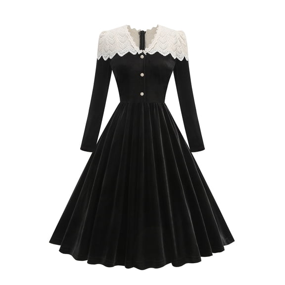 ZQUUVOU Women's Velvet Lace Trim Dress Long Sleeve V Neck Button Down Front Elegant Bodycon Midi Outfit Holiday Party Black