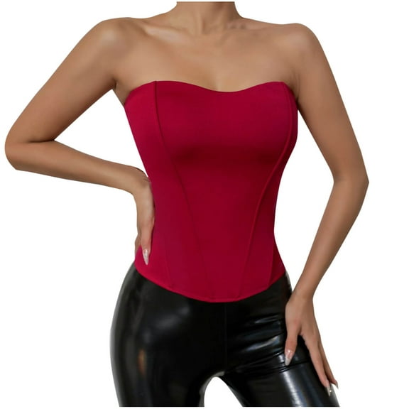 ZQUUVOU Women's Vintage Corset Tops Boned Structure Bustier with Rib Evening Strapless Celebration Party Going Out Tops Burgundy