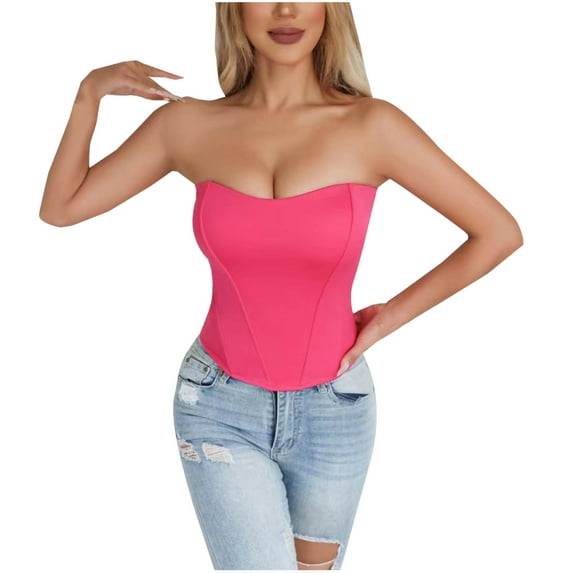 ZQUUVOU Women's Vintage Corset Tops Boned Structure Bustier with Rib Evening Strapless Celebration Party Going Out Tops Hot Pink