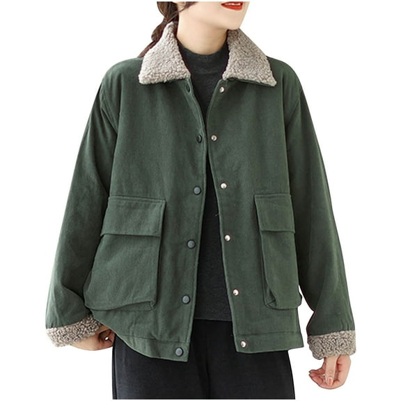 ZQUUVOU Women's Vintage Fleece Jacket Sherpa Plushe Lined Warm Winter Coat Button Down Casual Jacket with Pockets Green