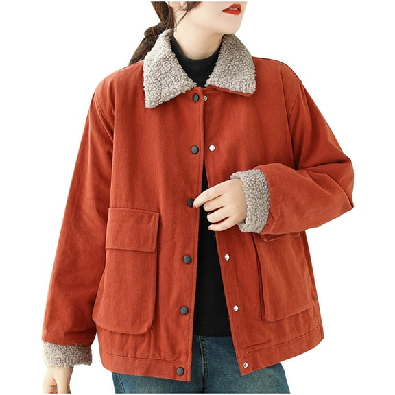 ZQUUVOU Women's Vintage Fleece Jacket Sherpa Plushe Lined Warm Winter Coat Button Down Casual Jacket with Pockets Red
