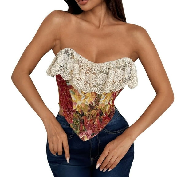 ZQUUVOU Women's Vintage Floral Strapless Corset Top Lace Ruffle Trim Sleeveless Tops Coquette Peplum Bustier Bandeau Tank Red