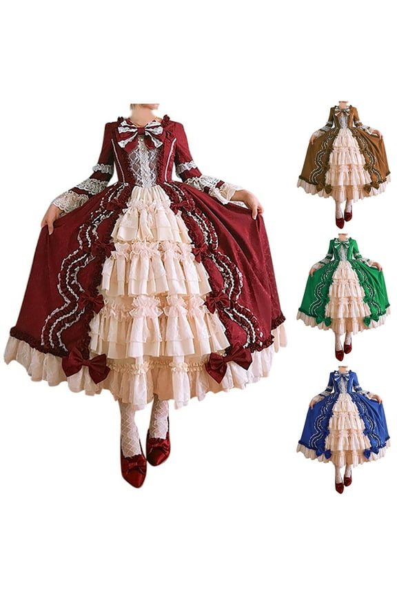 Women's Vintage Gothic Court Gown Square Neck Bow Lace Flared Ruffle Layered Skirt Ball Gown Tea Party Coffee