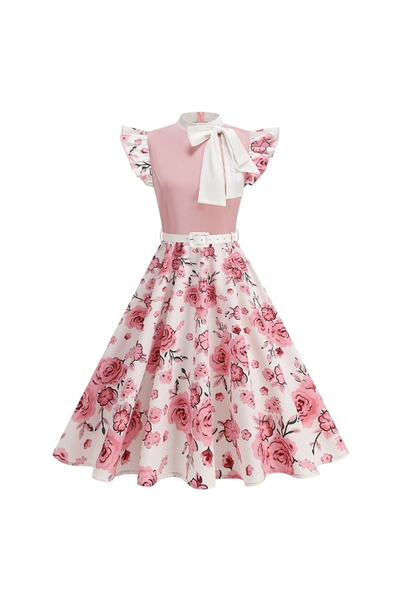 Women's Vintage Polka Dot Dresses Floral Bow Tie Neck Flutter Sleeve Rockabilly Cocktail Swing Dress with Belt Pink