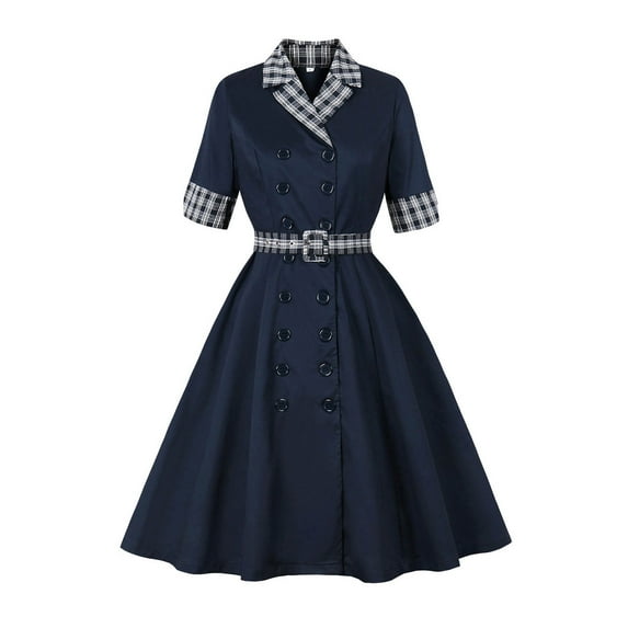 ZQUUVOU Women's Vintage Tea Dress Short Sleeve Cocktail Party Dress Notch Lapel Button Church Casual Dinner Dress Navy