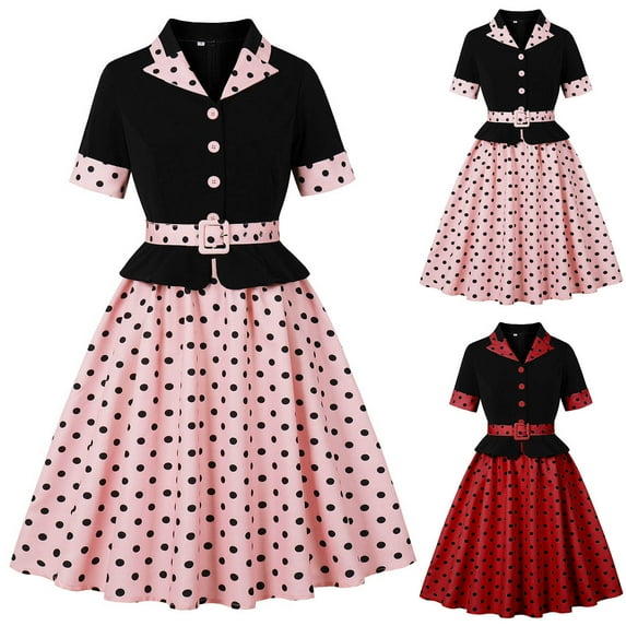ZQUUVOU Women's Vintage Tea Dress Short Sleeve Cocktail Party Dress Notch Lapel Button Church Casual Dinner Dress Pink