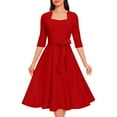 thumbnail image 1 of ZQUUVOU Women's Vintage Tiered Dress 3/4 Sleeve Tie Waist Flowy Maxi Skirt Square Neck Knee Length Gown Outfit Red, 1 of 8
