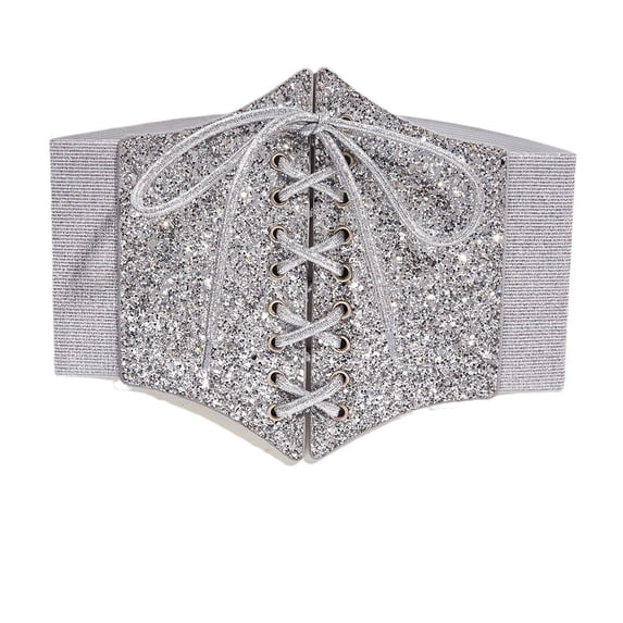 ZQUUVOU Women's Waist Cincher Belt Glitter Wide Adjustable Lace Up Vintage Court Style Tummy Control Shapewear Silver