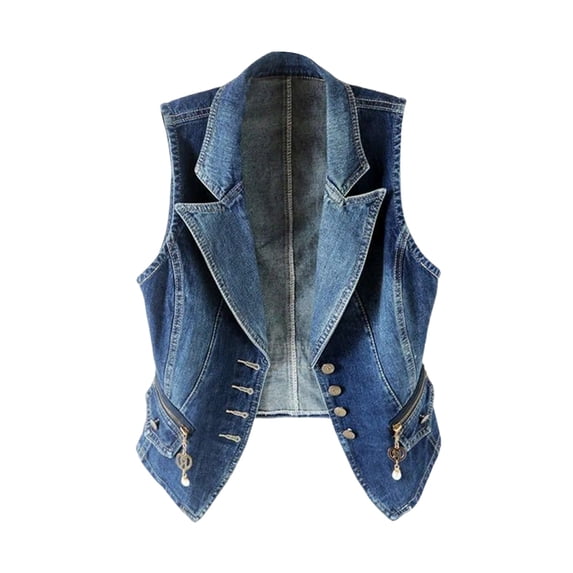 ZQUUVOU Women's Washed Denim Vest Sleeveless Button Front Notch Lapel Casual Jean Jacket Dressy Spring Summer Layering Piece Dark Blue