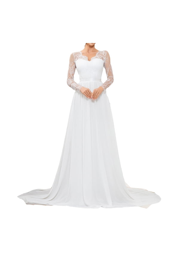 Women's Wedding Dress Bridal Evening Gown Long Sleeve V Neck Floral Lace Applique Ball Gown Maxi Dress Elegant White
