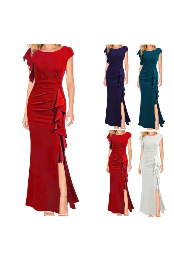 Women's Wedding Guest Gown Off Shoulder Cocktail Dress High Split Bodycon Formal Dress for Bridal Party Evening Blue