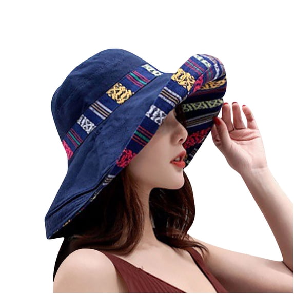 ZQUUVOU Women's Wide Brim Sun Hat Bohemian Vintage Reversible Bucket Hats UPF Sun Protection Outdoor Beach Hiking Travel Navy