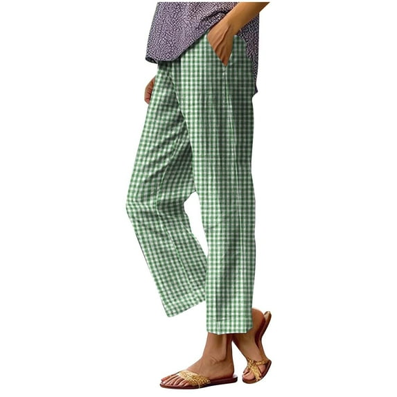 ZQUUVOU Women's Wide Leg Capris Plaid Printed Casual Elastic Waist Pants(Green,M)
