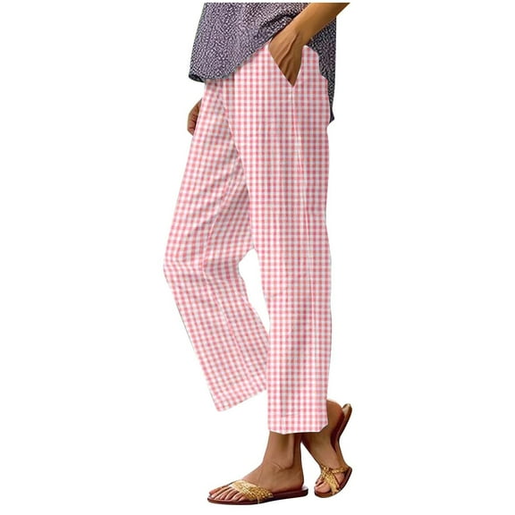ZQUUVOU Women's Wide Leg Capris Plaid Printed Casual Elastic Waist Pants(Pink,S)