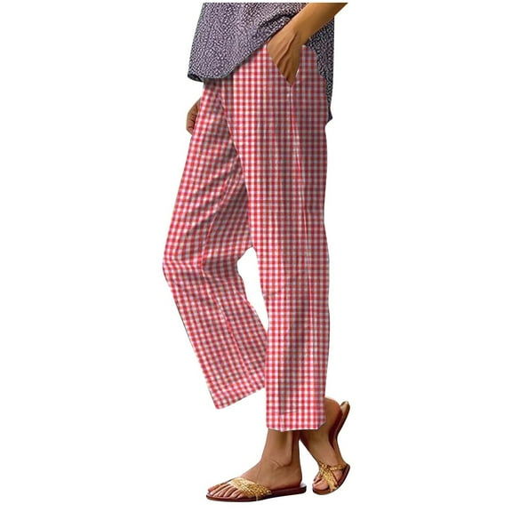 ZQUUVOU Women's Wide Leg Capris Plaid Printed Casual Elastic Waist Pants(Red,M)
