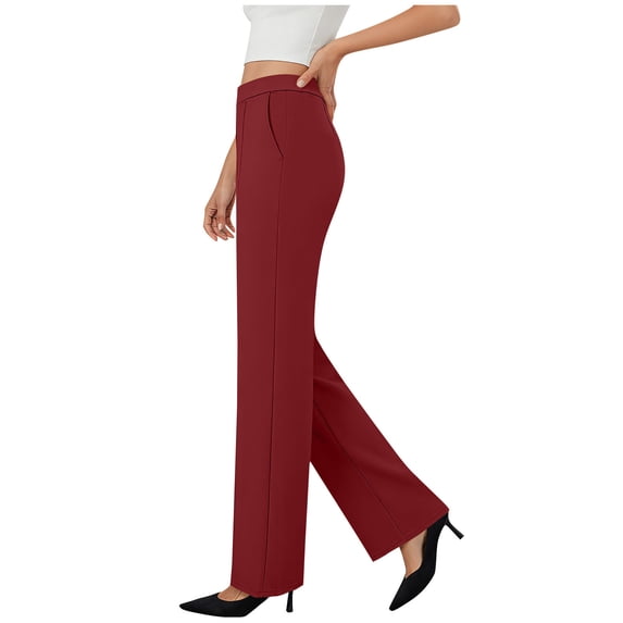 ZQUUVOU Women's Wide Leg Dressy Pants Straight High Waist Stretchy Work Pants Business Casual Slacks with Pockets Trousers Burgundy