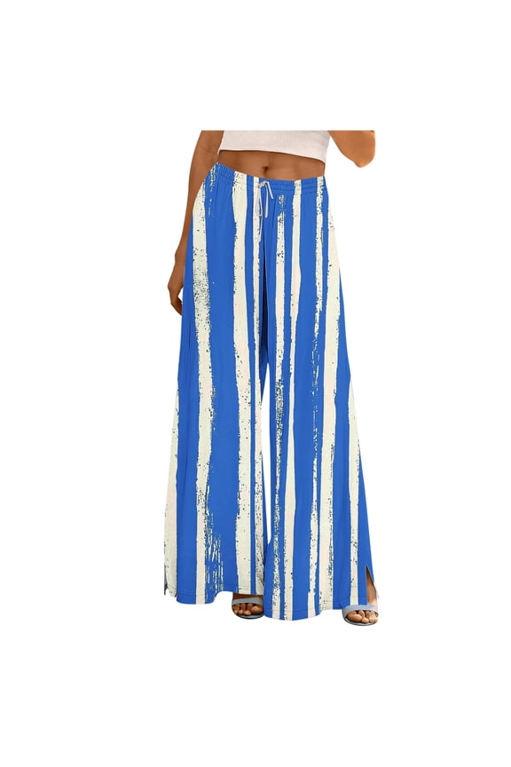 Women's Wide Leg Flowy Pants Beach Palazzo High Elastic Waist Drawstring Side Slit Trouser with Pocket Blue B