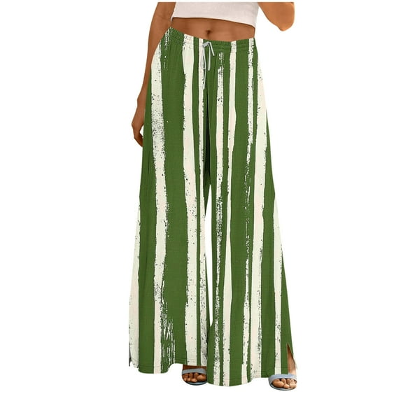 ZQUUVOU Women's Wide Leg Flowy Pants Beach Palazzo High Elastic Waist Drawstring Side Slit Trouser with Pocket Green B