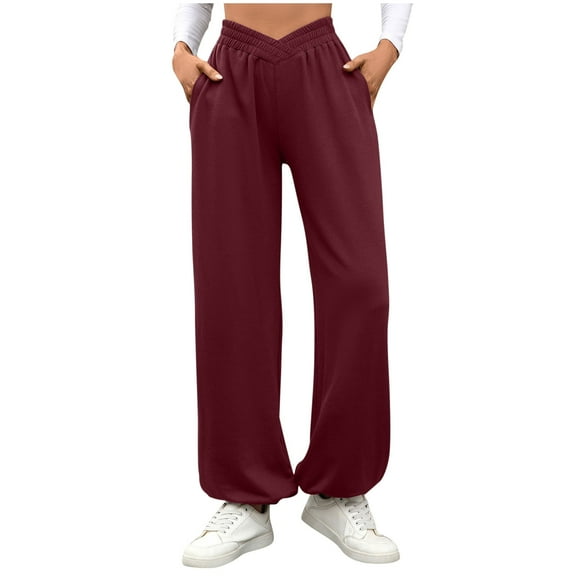 ZQUUVOU Women's Wide Leg Pants Casual Loose Elastic High Waisted Drawstring Solid Color Pants with Pockets Burgundy B