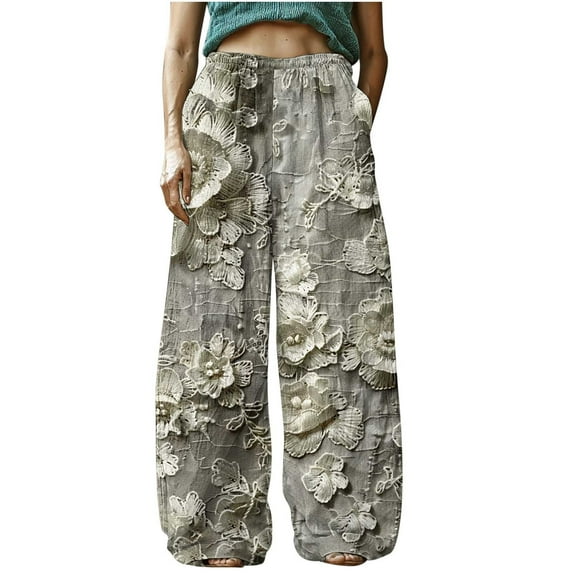 ZQUUVOU Women's Wide Leg Pants Elastic Waist Bohemianl Trouser with Pocket(Multicolor,L)