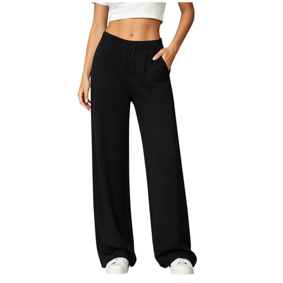 ZQUUVOU Women's Wide Leg Pants Elastic Waist Button Front Loose Fit Full Length Stretch Dress Casual Sweatpants with Pockets Black