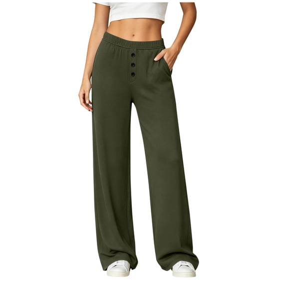 ZQUUVOU Women's Wide Leg Pants Elastic Waist Button Front Loose Fit Full Length Stretch Dress Casual Sweatpants with Pockets Olive Green