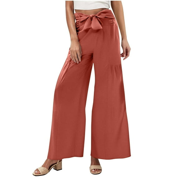ZQUUVOU Women's Wide Leg Pants Solid Color Cotton Elastic Tie Waist Sports Loose Casual Full Length Pants Red