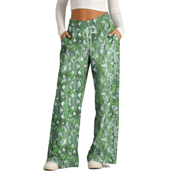 ZQUUVOU Women's Wide Leg Pants Striped Printed Drawstring High Rise Slouchy Palazzo Baggy Pants with Pockets Green C