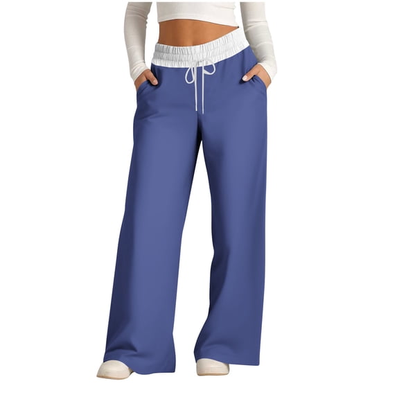 ZQUUVOU Women's Wide Leg Sweatpants Color Block Elastic Track Pants High Waisted Side Striped Pants with Pockets Navy A