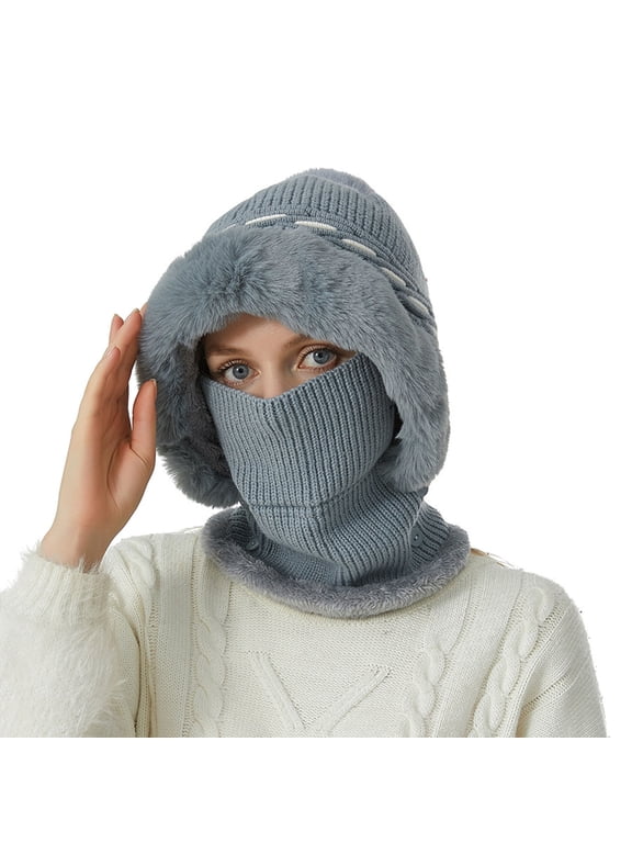 Women's Winter Balaclava Hooded Neck Warmer Color Block Knit Hat Thermal Protection Pom Pom Hats Gray