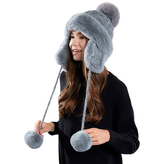 ZQUUVOU Women's Winter Beanie Hat Hood Cap Trapper Hat with Pompoms Ski Snow Ear Flaps Sherpa Knit Hats Neck Warmer Gray A