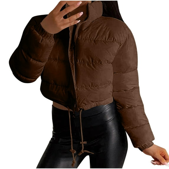 ZQUUVOU Women's Winter Croppped Puffer Jacket Solid Color Short Padded Coat Zipper Casual Jacket Warm Fashion Outerwear Brown