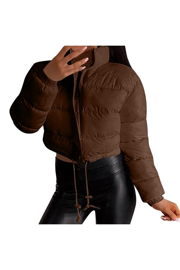 Women's Winter Croppped Puffer Jacket Solid Color Short Padded Coat Zipper Casual Jacket Warm Fashion Outerwear Brown